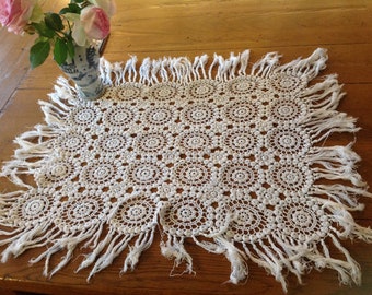 FRANCE Pretty White French Vintage Crocheted Table Runner, Placemat, Centrepiece. Tassels and Crichet Motifs.