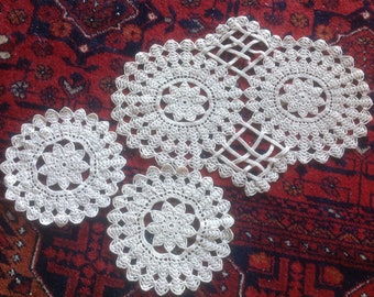 3 French Vintage, Crochet Doillies, Lovely Craftmanship. 1 Large & 2 Smaller Crochet Doilie. Unusual Pattern.