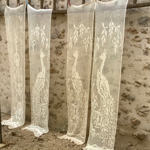 4 Long Vintage French Panel Curtains. Cream Filet Crochet,Tassel Edges. Country Curtains. Shabby Chic, Rustic French. 88”x 18”