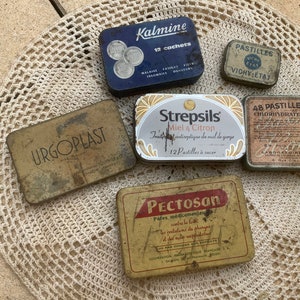 6 lindas latas medicinais francesas antigas. Charme rústico. Pátina enferrujada. Perfeitas para exposição.