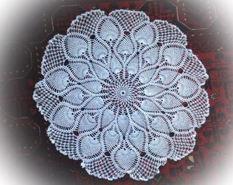 Beautiful White French Vintage Crocheted Placemat. Pineapple Pattern Handmade with Gorgeous Soft Scalloped Edges.