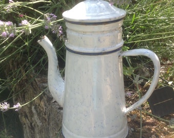 Marbled Vintage French Enamel Coffee Pot. Retro Enamelware. Ideal Rustic decoration for a  French Kitchen. Marbled White/Blue Trim