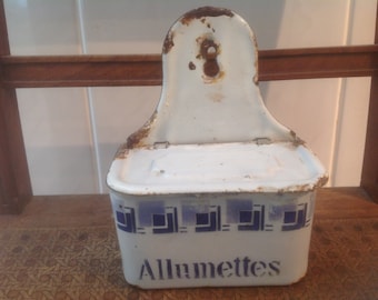 Rustic French Enamel Allumettes Box. Enamelware Match Box. White and Blue 1920s.