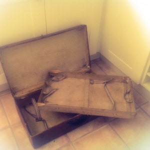 FRANCE Large French Vintage Suitcase, Wooden with Embossed Covering and Aged Patina. Lovely Decor Display, Prop or Storage Item.