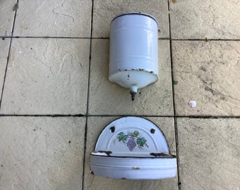 Vintage French Enamel Farmhouse Wall Mounted Basin & Fountaine. Very Retro. Lovely Authentic  French Decor. Garden Pot Holder/Spices