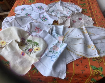 French Retro Embroidered Linen Placemats and Two Doilies. Some hand stitched items  Heirloom Pieces. Period Embroidery.