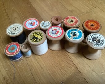 12 French Vintage Wooden Cotton Reels. Some Usable vintage Cotton and Linen Thread