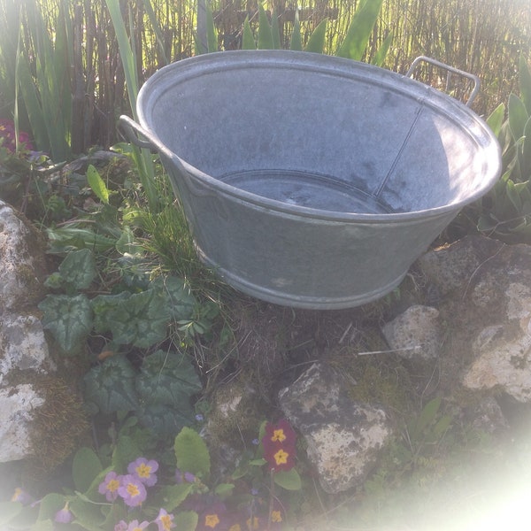 French Galvanised Wash Bucket.  Diameter  15.5" x 6.5" Height  39.5 cm x 16.5 cm