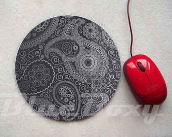 Black Paisley Mousepad, Office Mousepad, Computer Mouse Pad, Fabric Mousepad