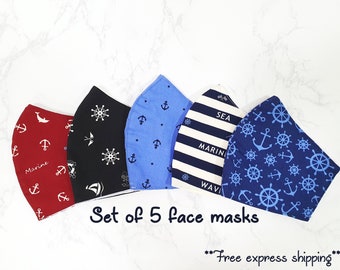 Nautical Set of 5 Fabric Face Mask, 3 Layer Face Mask with Filter Pocket, Reusable Face Mask, Free Express Shiping