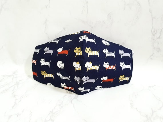 Cat On Dark Blue Fabric Face Mask 3 Layer Face Mask With Etsy