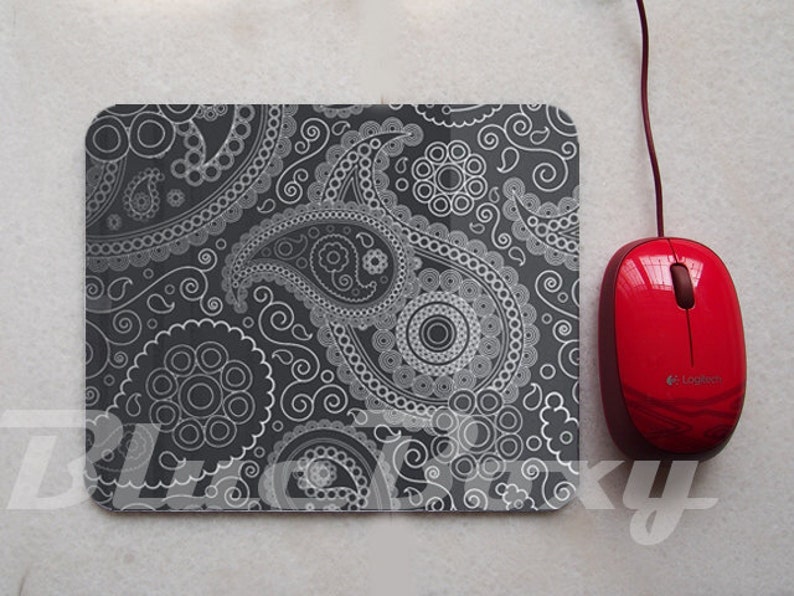 Black Paisley Mousepad, Office Mousepad, Computer Mouse Pad, Fabric Mousepad image 2