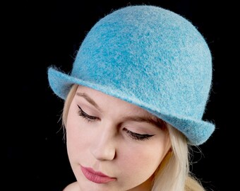 Felted cloche wool hat. stylish desinger womens formal hat in blue colour