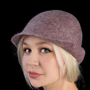Felted cloche wool hat. stylish desinger womens formal hat in purple/ashen colours