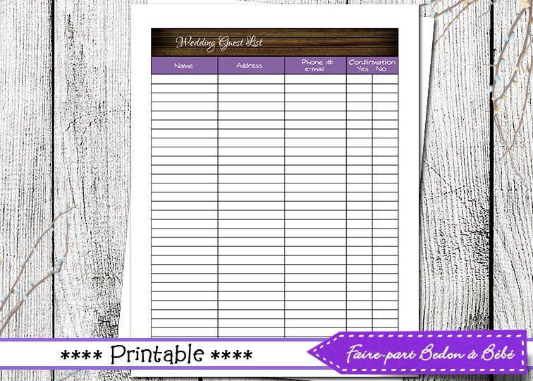 Liste des invités de Mariage Digital imprimable | Etsy