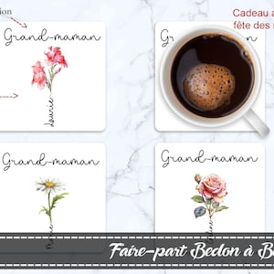 Sous-verre personnalisé - Le jardin de grand-maman - le jardin de maman - fleurs mois de naissance -  Cadeau fête des mères