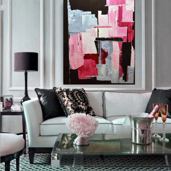 EXTRA LARGE original abstract painting, pink black and gray painting, modern abstract art