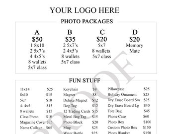 May include: A black and white price list for photography packages and additional items. The packages are labeled A, B, C, and D with prices ranging from $20 to $50. The additional items include a keychain, magnet, deluxe magnet, dog tag, 12 trading cards, metal bag tag, photo block, mug, and water bottle. Prices for these items range from $8 to $25. There is also a section for ordering information with columns for package description, quantity, and subtotal.