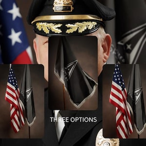 May include: Image features a person in a police uniform and hat, with the American flag and a black flag with a white logo. The text "THREE OPTIONS" is displayed. The black flag has a white fringe.
