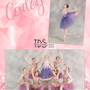 May include: A group of young dancers in purple and gold ballet costumes pose in a studio. The dancers are smiling and looking at the camera. The text "TDS THE DANCE STUDIO ORANGE 2021" is visible in the image.