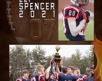 Op de afbeelding: Een American footballspeler in een rood-blauw uniform met nummer 20 op de voorkant. De speler houdt een voetbal vast en kijkt naar de camera. De speler staat voor een bruine achtergrond met de tekst "ELI SPENCER 2021 07" erop. De speler maakt deel uit van een team genaamd "MAHAR SENATORS".