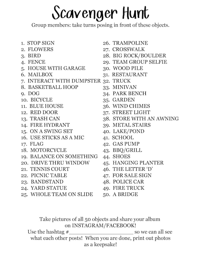 Scavenger Hunt Party Game List for Teens, Birthday Party, to Print at Home Make Into a PHOTO