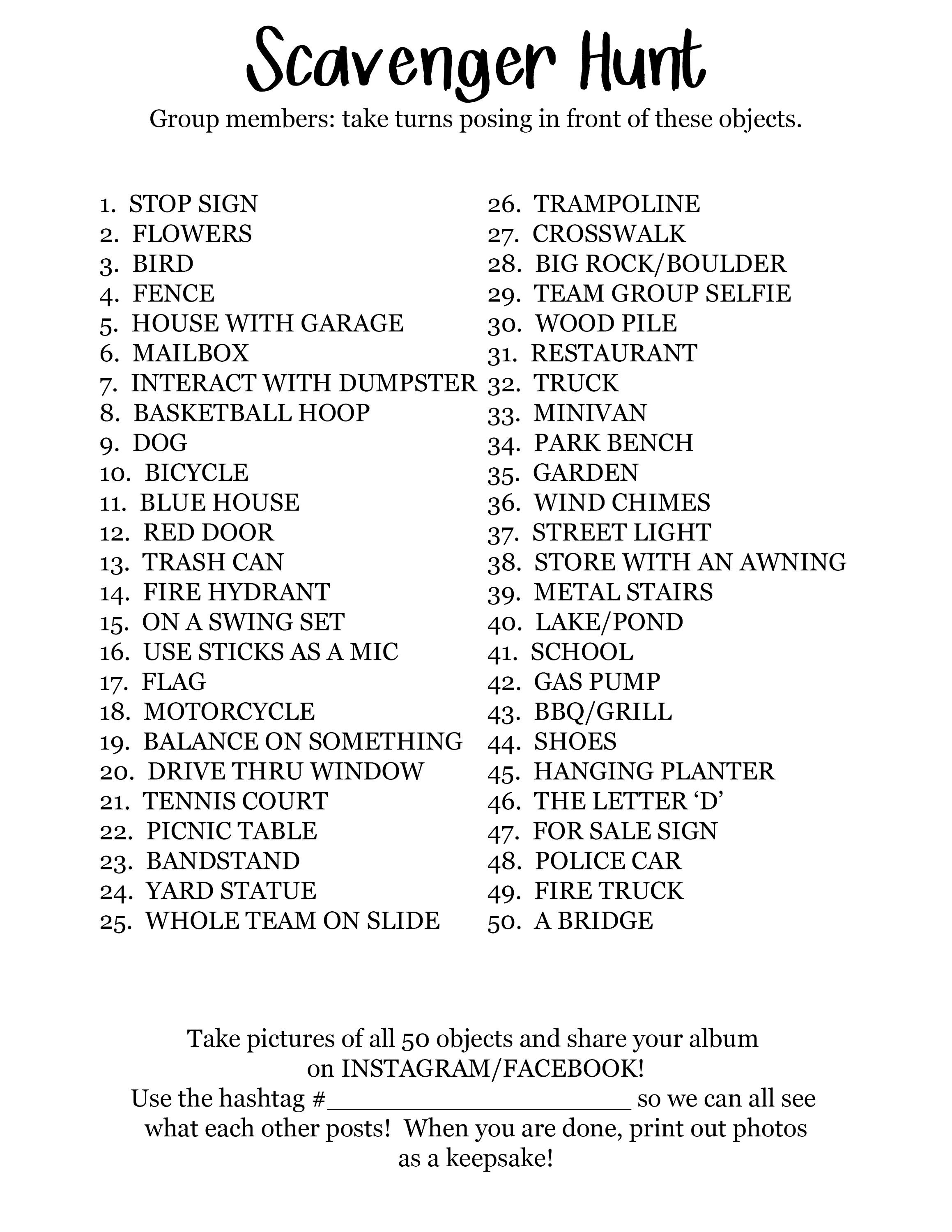 Scavenger Hunt Party Game list for teens, birthday party, to print at home make into a PHOTO ALBUM at the end!
