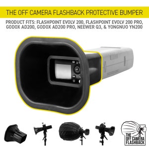 May include: Black protective bumper for off-camera flash units. The bumper is designed to fit Flashpoint Evolv 200, Flashpoint Evolv 200 Pro, Godox AD200, Godox AD200 Pro, Neewer Q3, and Yongnuo YN200 flash units. The bumper is shown attached to a flash unit with a screen visible.