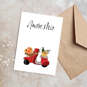 Wydrukuj włoską kartkę walentynkową | Amore Mio | Czerwona Vespa | Skuter | Włoskie jedzenie | Romantyczna kartka rocznicowa | Natychmiastowe pobranie