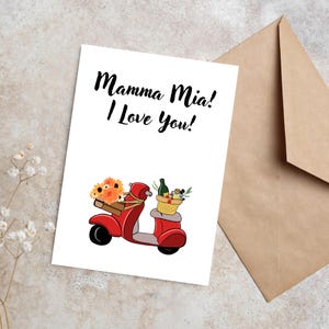 Carte imprimable Mamma Mia, je t'aime | Vespa rouge | Carte de Saint-Valentin italienne | carte pour la fête des mères | Carte d'anniversaire romantique | Trottinette