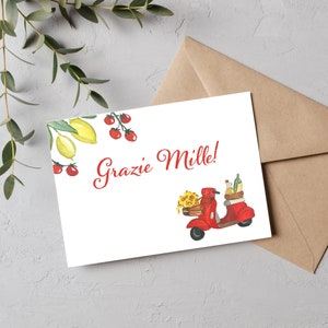 cartões de agradecimentos imprimíveis de Grazie | Tema Italiano | Vespa Vermelha com Limões e Tomates | Cartões de agradecimento fofos