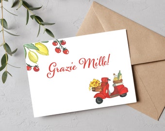 Printable Grazie Thank You Card | Italian Theme | Red Vespa with Lemons and Tomatoes | Cute Thank You Cards