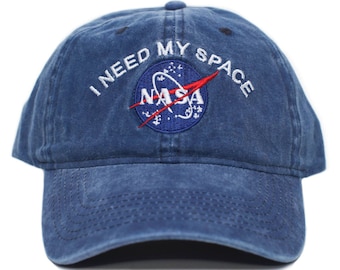 Handmade NASA I Need My Space Pigment Dye Embroidered Hat Cap Adult Navy