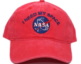 Handmade NASA I Need My Space Pigment Dye Embroidered Hat Cap Adult Red