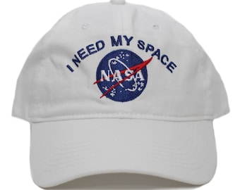 Handmade NASA I Need My Space Pigment Dye Embroidered Hat Cap Adult White