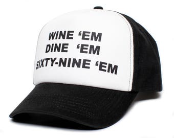 Custom Wine 'em Dine 'em sessantanove 'em 69 baseball Cappello Cappellino Unisex-Adulto Taglia Unica Nero