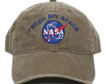 Handmade NASA I Need My Space Pigment Dye Embroidered Hat Cap Adult Olive