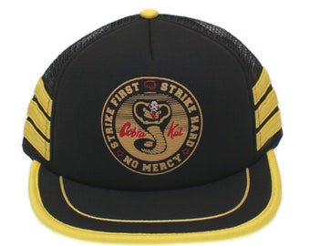 Classic 3 Stripe Cobra Kai Hat Flat Bill Adult One-Size Black/Yellow Cap