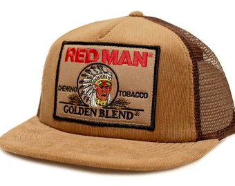 Vintage/Nieuwe Red Man Chewing Tobacco Patch Truckers Hat Cap Corduroy Brown Circa jaren 1990