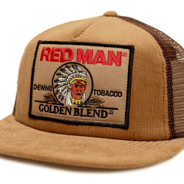 Vintage/New Red Man Chewing Tobacco Patch Truckers Hat Cap Corduroy Brown Circa 1990s