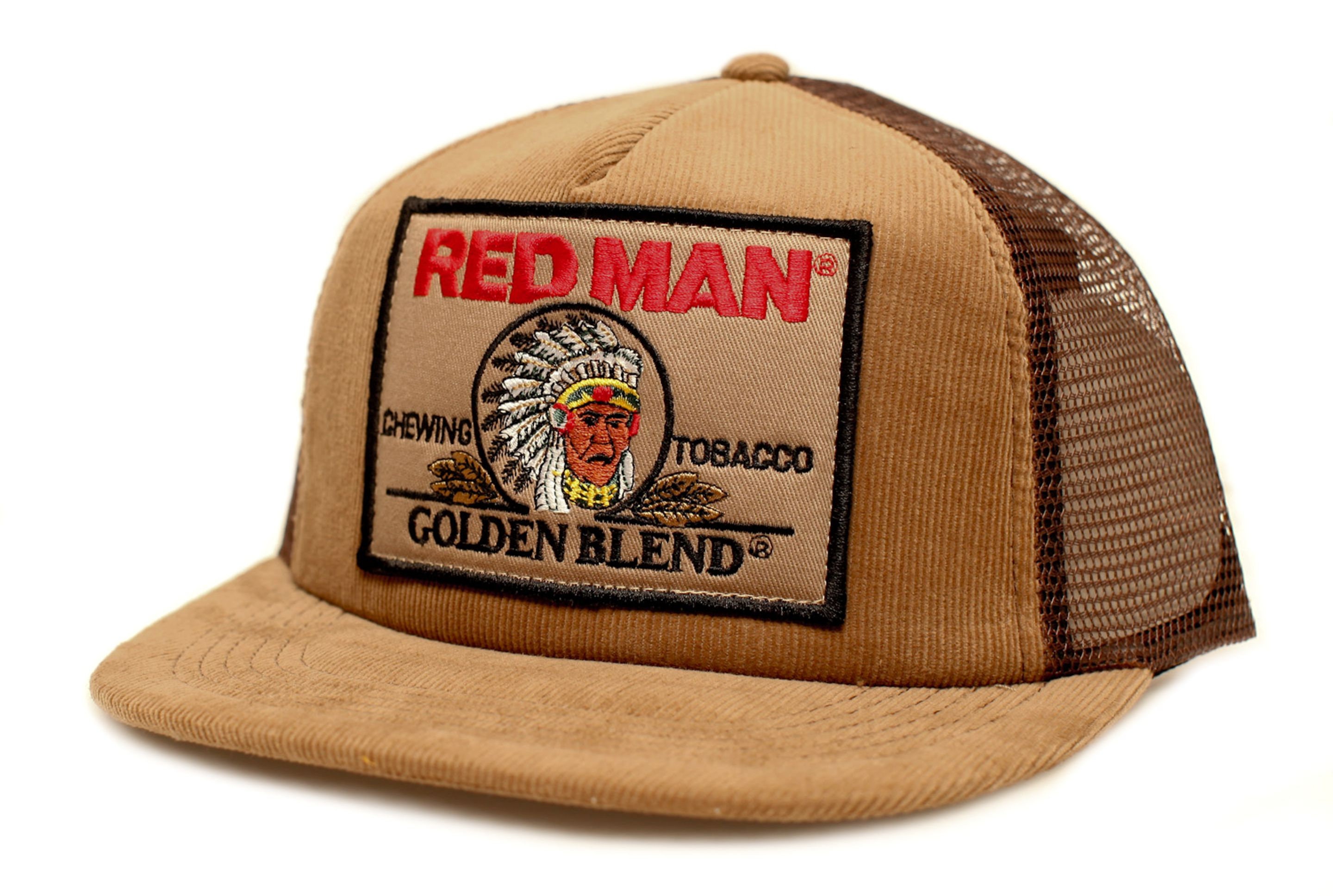 Vintage/New Red Man Chewing Tobacco Patch Truckers Hat Cap Corduroy Brown Circa 1990s