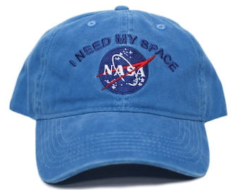Handmade NASA I Need My Space Pigment Dye Embroidered Hat Cap Adult Blue