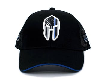 Thin Blue Line PVC SPARTAN HELMET Hat Flag Truckers Cap Black