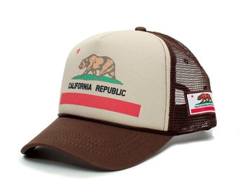 Custom California Republic Flag Cali Love Truckers Hat Cap Brown/Tan/Brown