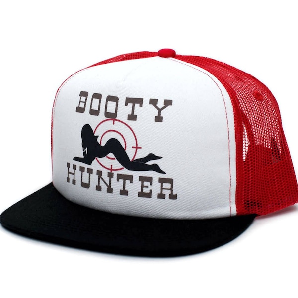 Booty Hunter Flat Bill Handmade One-Size Trucker Hat Cap Black/Red/White