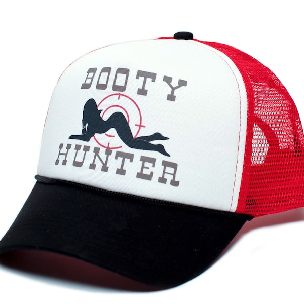 Booty Hunter Curved Bill Funny Handmade One-Size Trucker Hat Cap Black/Red/White