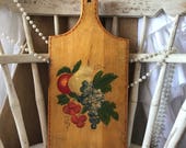 Vintage cutting board, thick wood, hand painted fruit design, perfectly aged kitchen decor