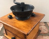 Vintage hand crank coffee grinder, cast iron coffee mill, dove tail wooden box, decorative and useful.