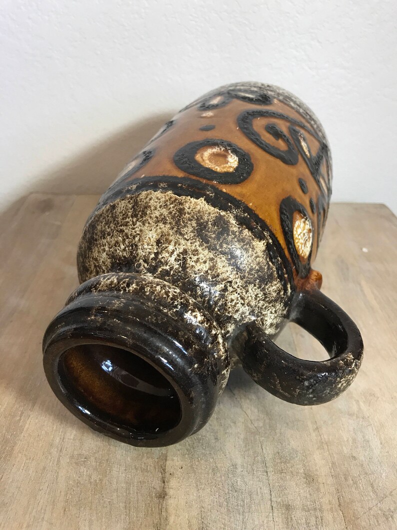 vase applied handle to one side fat lava glaze Retro vessel west German pottery warm earth tones
