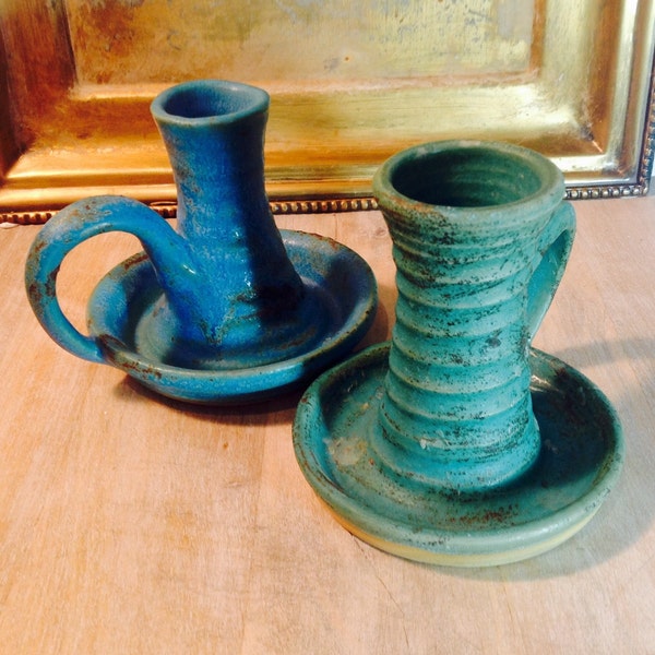 2 Skegness hand thrown earthenware chamber candlestick holders, beautiful  turquoise blue & green matt glaze with specks of brown glaze